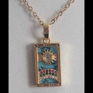 Sun Tarot Card Pendant Necklace 18K Gold Plated Enamel Rectangle Stainless Steel